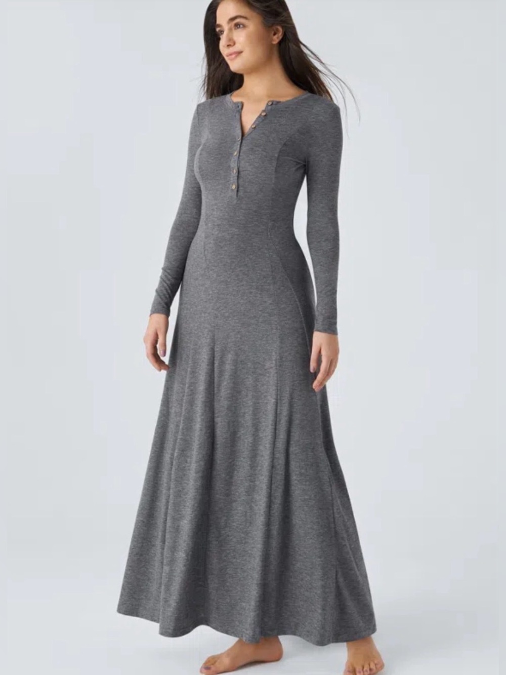 NWT HALARA Henley Long Sleeve Flare Maxi Casual Dress in Gray. Size Small